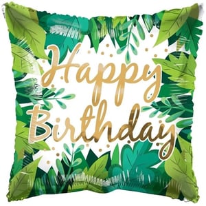 a happy birthday balloon with green leaves on it