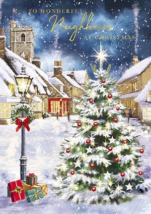 a christmas card with a christmas tree in the middle of a snowy village .