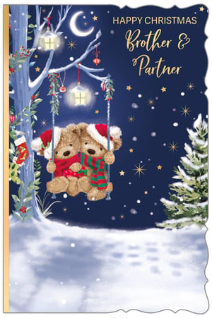 a christmas card for a brother and partner with two teddy bears on a swing