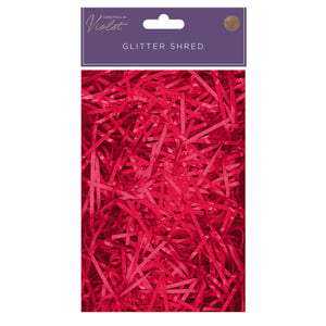 A package of red shredded paper that says glitter shred.