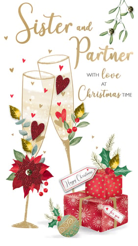 a christmas card that says sister and partner with love at christmas time