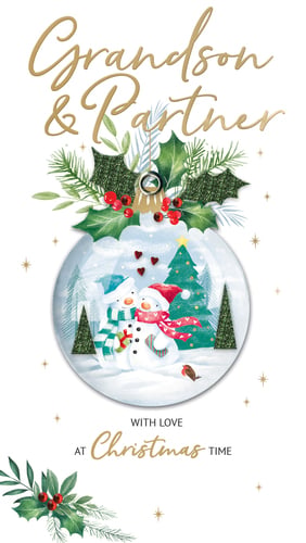 a christmas card that says grandson and partner with love at christmas time