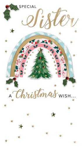 a special sister christmas card with a rainbow and a christmas tree