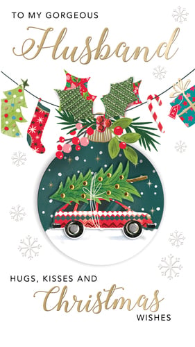 a christmas card that says to my gorgeous husband hugs kisses and christmas wishes