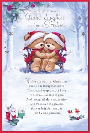 a christmas card with two teddy bears wearing santa hats