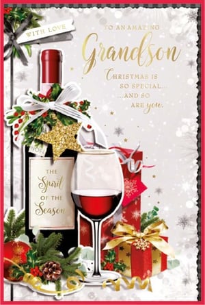 a christmas card for a grandson with a bottle of wine and a glass of wine