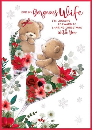 a christmas card for a gorgeous wife with two teddy bears in a champagne glass .