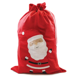 a red bag with a picture of santa on it