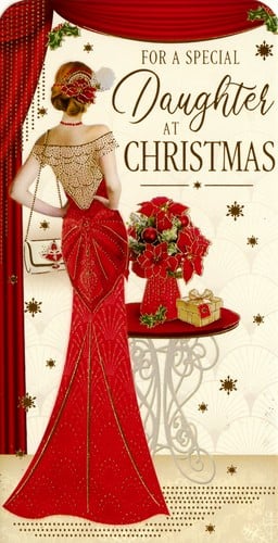 a christmas card for a special daughter with a woman in a red dress .