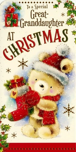 a teddy bear wearing a santa hat and scarf is holding a christmas stocking .