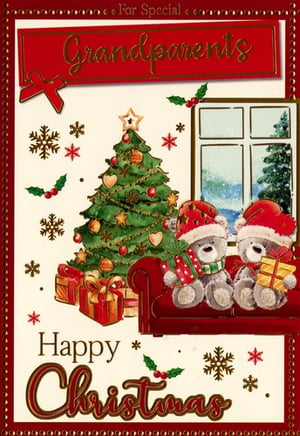 a christmas card for grandparents with two teddy bears and a christmas tree