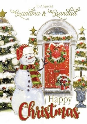 a christmas card with a snowman in front of a red door