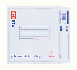 a white mail bag that says polythene bubble mail bag