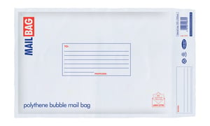 a white mail bag that says polythene bubble mail bag