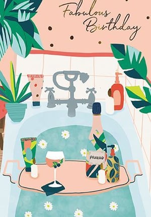 a birthday card with a bottle of prosecco and a glass of wine in a bathtub .