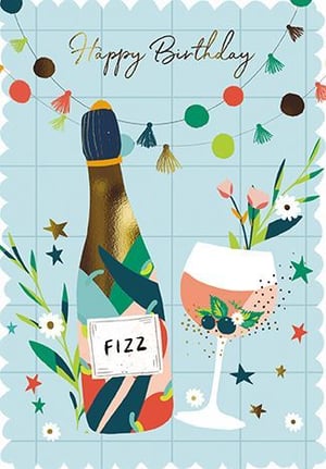 a birthday card with a bottle of champagne and a glass of wine .