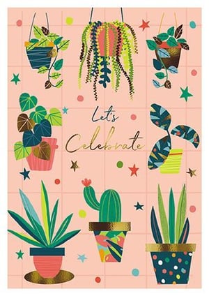 a birthday card with a bunch of potted plants on it .