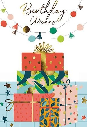 a birthday card with a stack of gifts on top of each other .