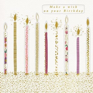 a birthday card with a row of candles and the words `` make a wish on your birthday '' .
