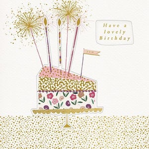 a birthday card with a slice of cake and fireworks .