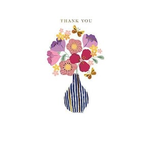 a thank you card with a vase filled with flowers and butterflies .