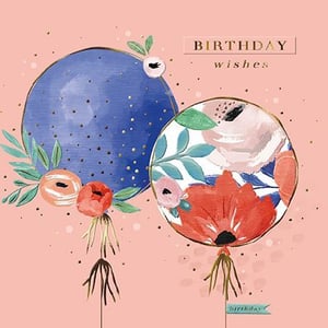 a birthday card with two balloons decorated with flowers on a pink background .