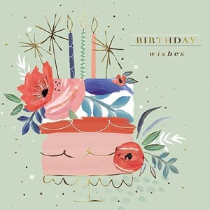 a birthday card with a cake decorated with flowers and candles .