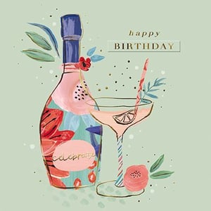a birthday card with a bottle of champagne and a glass of champagne .
