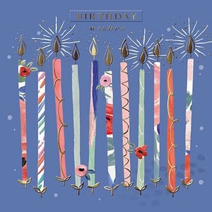 a birthday card with a bunch of candles on a blue background .