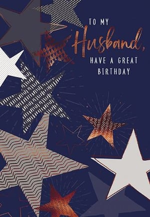 a birthday card for a husband with stars on a blue background .