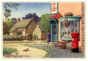 a painting of a post office and general store