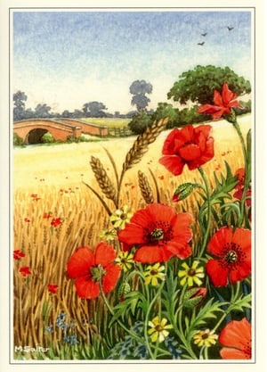 a painting of red flowers in a field with a bridge in the background
