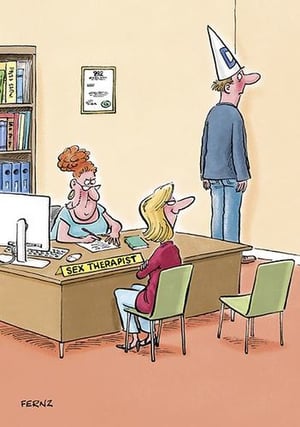 Bring a smile to your customers' faces with this brilliantly funny Open Humorous card from Ling. This witty design captures a classic cartoon scenario, featuring a sex therapist and her client, with a rather sheepish gentleman in a dunce cap standing in the corner. It's a wonderfully amusing card that's perfect for those who appreciate a good laugh and a touch of cheeky humour.

Ideal for birthdays, anniversaries, or simply to brighten someone's day, its relatable (to some!) and hilarious situation is sure to be a popular choice. Each pack contains 6 cards, ready to add a fantastic selection of fun to your greeting card display. Stock up on this gem and watch it bring smiles all around!