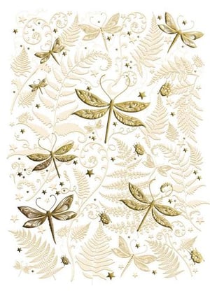 a pattern of gold dragonflies and ferns on a white background .