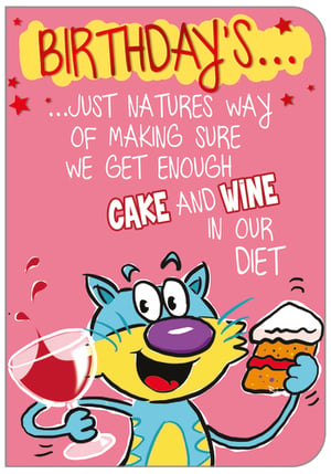 a cartoon cat is holding a glass of wine and a piece of cake .