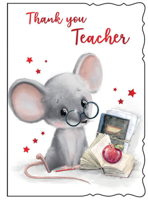 a thank you teacher card with a mouse wearing glasses