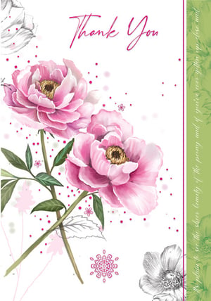 A thank-you card with pink flowers on it.