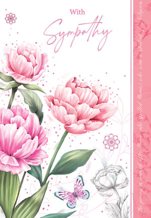 A sympathy card with pink flowers and butterflies.