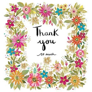a thank you card with a floral wreath and the words `` thank you so much '' .