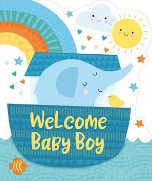 a welcome baby boy card with an elephant in an ark and a rainbow .