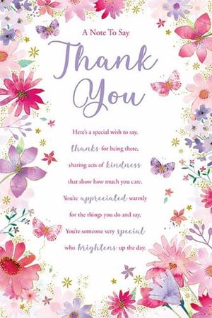 a thank you card with flowers and butterflies on it .