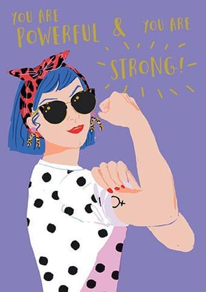 a woman with blue hair and sunglasses is flexing her arm .