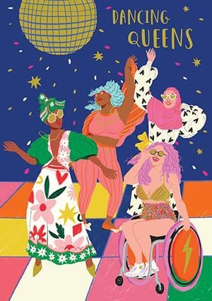 a group of women are dancing on a dance floor . one of the women is in a wheelchair .