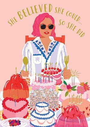 a woman is sitting at a table with a fork and spoon surrounded by birthday cakes .