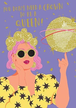 a woman wearing a crown and sunglasses is holding a disco ball .