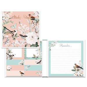 a set of sticky notes with flowers and birds on them .