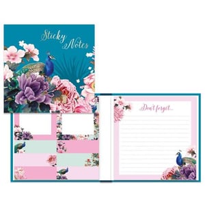 a set of sticky notes with a peacock and flowers on them .