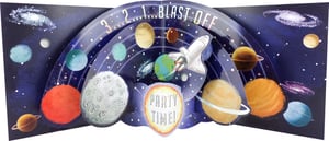 a card that says blast off party time on it