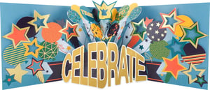 a card that says celebrate with balloons and stars