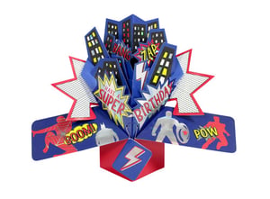 A pop-up superhero birthday card that says "Have a super birthday."